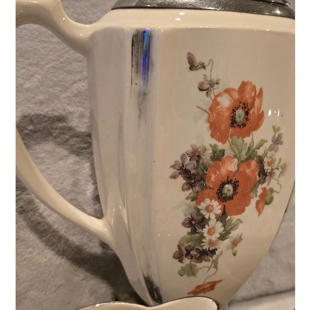 Vintage Anchor-Ware Floral Poppy Ceramic Coffee Percolator Sugar Creamer Set